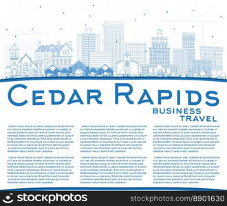 Outline Cedar Rapids Iowa City Skyline with Blue Buildings and Copy Space. Vector Illustration. Business Travel and Tourism Illustration with Historic Architecture.
