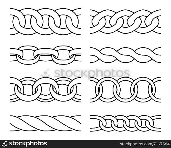 Outline chain patterns. Heavy metal chains links seamless pattern line ornaments, drawing iron borders isolated on white background. Outline chain patterns