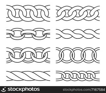 Outline chain patterns. Heavy metal chains links seamless pattern line ornaments, drawing iron borders isolated on white background. Outline chain patterns