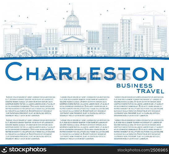 Outline Charleston Skyline with Blue Buildings and Copy Space. West Virginia. Vector Illustration. Business Travel and Tourism Concept with Modern Buildings. Image for Presentation Banner Placard and Web Site.