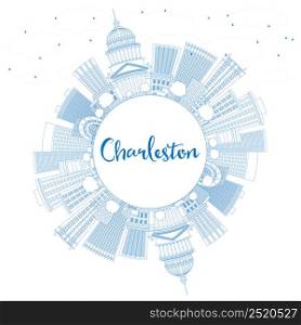 Outline Charleston Skyline with Blue Buildings and Copy Space. West Virginia. Vector Illustration. Business Travel and Tourism Concept with Modern Architecture. Image for Presentation Banner Placard.