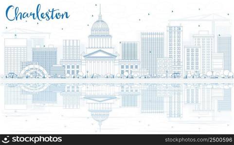 Outline Charleston Skyline with Blue Buildings and Reflections. West Virginia. Vector Illustration. Business Travel and Tourism Concept with Modern Architecture. Image for Presentation Banner Placard.