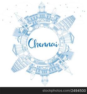 Outline Chennai Skyline with Blue Landmarks and Copy Space. Vector Illustration. Business Travel and Tourism Concept with Historic Buildings. Image for Presentation Banner Placard and Web Site.