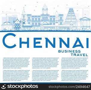 Outline Chennai Skyline with Blue Landmarks and Copy Space. Vector Illustration. Business Travel and Tourism Concept with Historic Buildings. Image for Presentation Banner Placard and Web Site.