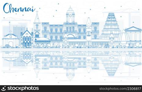 Outline Chennai Skyline with Blue Landmarks and Reflections. Vector Illustration. Business Travel and Tourism Concept with Historic Buildings. Image for Presentation Banner Placard and Web Site.