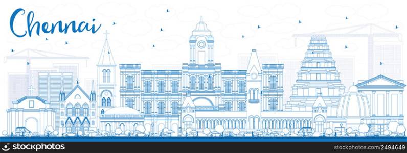 Outline Chennai Skyline with Blue Landmarks. Vector Illustration. Business Travel and Tourism Concept with Historic Buildings. Image for Presentation Banner Placard and Web Site.