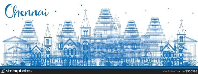Outline Chennai Skyline with Blue Landmarks. Vector Illustration. Business Travel and Tourism Concept with Historic Architecture. Image for Presentation Banner Placard and Web Site.