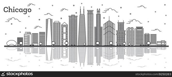 Outline Chicago Illinois City Skyline with Modern Buildings and Reflections Isolated on White. Vector Illustration. Chicago Cityscape with Landmarks. 