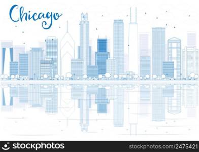 Outline Chicago skyline with blue buildings and reflections. Vector illustration. Business travel and tourism concept with place for text. Image for presentation, banner, placard and web site.