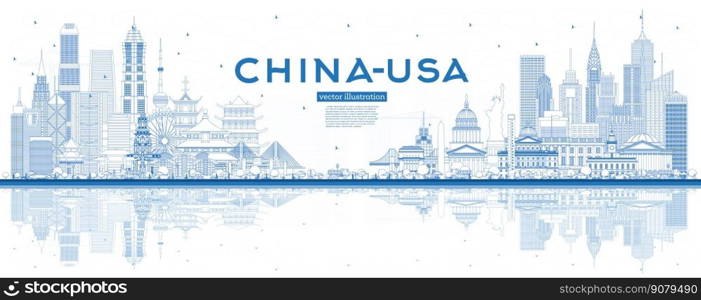 Outline China and USA Skyline with Blue Buildings and Reflections. Famous Landmarks. Vector Illustration. USA and China Trade War Concept.