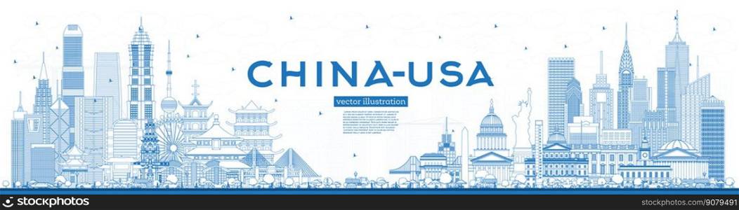 Outline China and USA Skyline with Blue Buildings. Famous Landmarks. Vector Illustration. USA and China Trade War Concept.