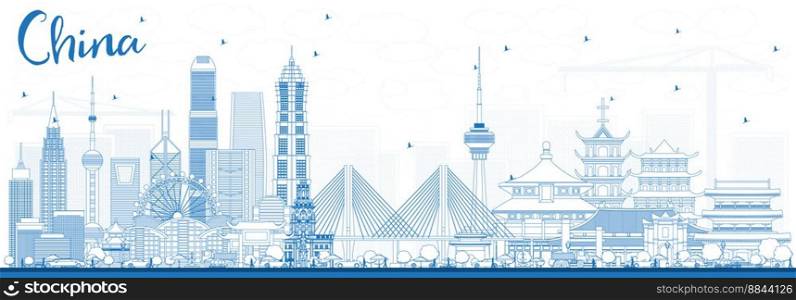 Outline China City Skyline. Famous Landmarks in China. Vector Illustration. Business Travel and Tourism Concept. Image for Presentation, Banner, Placard and Web Site.