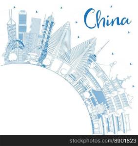 Outline China City Skyline with Copy Space. Famous Landmarks in China. Vector Illustration. Business Travel and Tourism Concept. Image for Presentation, Banner, Placard and Web Site.