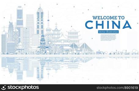Outline China Skyline with Blue Buildings and Reflections. Famous Landmarks in China. Vector Illustration. Business Travel and Tourism Concept with Modern Architecture. China Cityscape with Landmarks.