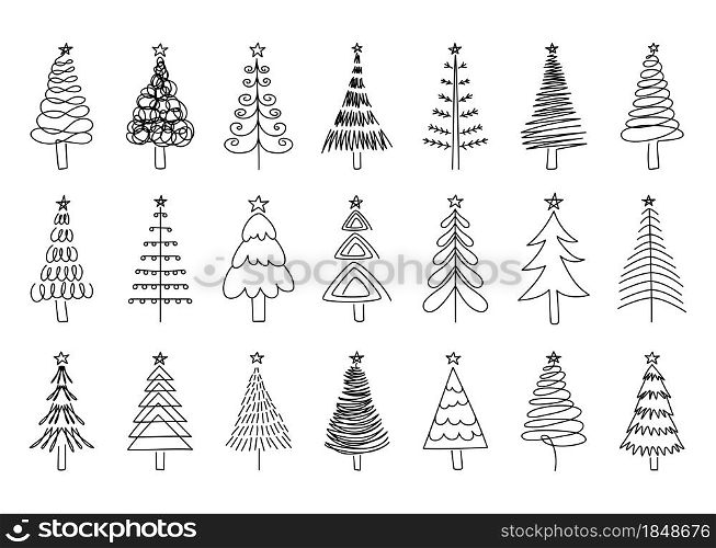 Outline Christmas tree. Winter holidays fir symbol for New year greeting cards and party invitation. Vector spruce isolated set drawing scribble tree. Outline Christmas tree. Winter holidays fir symbol for New year greeting cards and party invitation. Vector line spruce isolated set