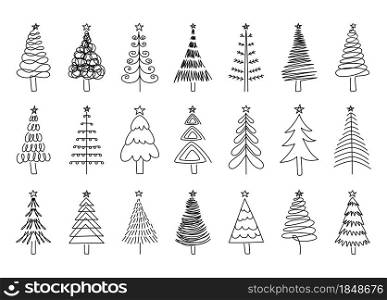 Outline Christmas tree. Winter holidays fir symbol for New year greeting cards and party invitation. Vector spruce isolated set drawing scribble tree. Outline Christmas tree. Winter holidays fir symbol for New year greeting cards and party invitation. Vector line spruce isolated set