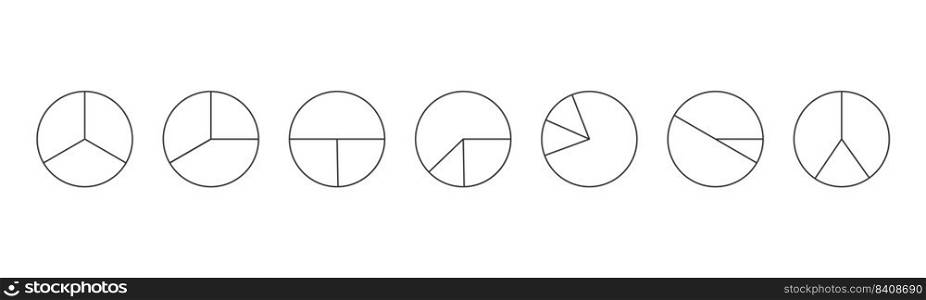 Outline circles divided in 3 segments isolated on white background. Pie or pizza round shapes cut in different three slices. Simple statistical infographic ex&les. Vector linear illustration.. Outline circles divided in 3 segments isolated on white background. Pie or pizza round shapes cut in different three slices. Simple statistical infographic ex&les. Vector linear illustration