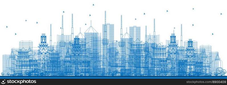 Outline City Skyscrapers and Buildings in Blue Color. Vector Illustration. Business Travel and Tourism Concept. Image for Presentation, Banner, Placard and Web Site