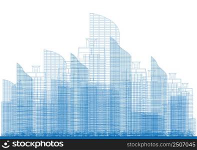 Outline City Skyscrapers in Blue Color. Vector Illustration. Business and Tourism Concept for Presentation, Placard, Banner or Web Site.