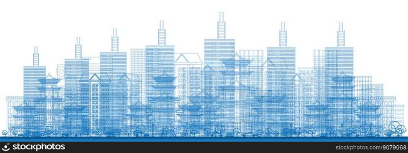 Outline City Skyscrapers in Blue Color. Vector Illustration. Business Travel and Tourism Concept. Image for Presentation, Banner, Placard and Web Site. Cityscape with Skyscrapers.