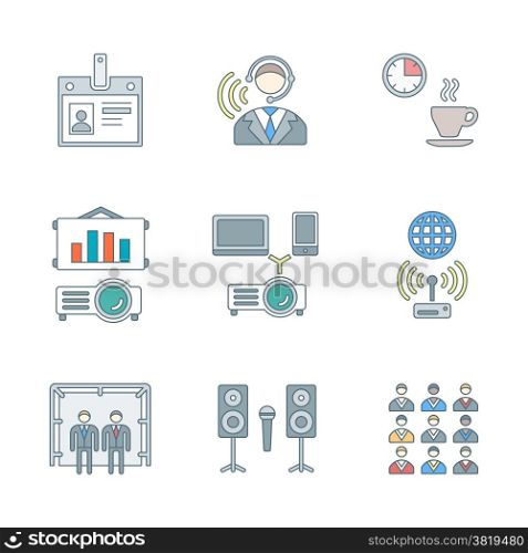outline colored conference concept icons set. vector colored outline conference presentation theme icons set