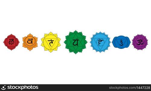 Outline colored icons chakras set: muladhara, swadhisthana, manipura, anahata, vishuddha, ajna, sahasrara. Vector line symbol. Om signs isolated on a white background. EPS 10 Vector illustration