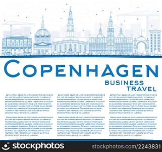 Outline Copenhagen Skyline with Blue Landmarks and Copy Space. Vector Illustration. Business Travel and Tourism Concept with Historic Buildings. Image for Presentation Banner Placard and Web Site.