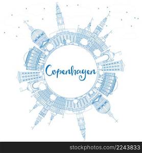 Outline Copenhagen Skyline with Blue Landmarks and Copy Space. Vector Illustration. Business Travel and Tourism Concept with Historic Buildings. Image for Presentation Banner Placard and Web Site.