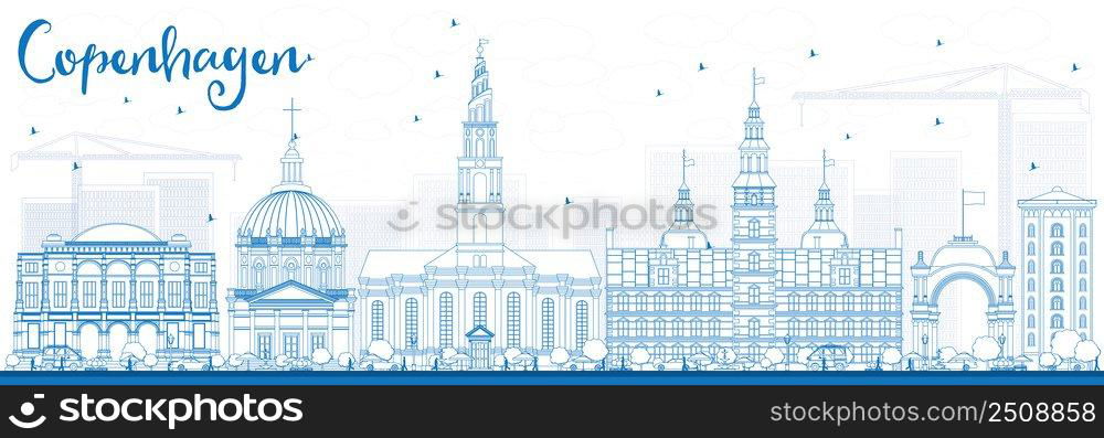 Outline Copenhagen Skyline with Blue Landmarks. Vector Illustration. Business Travel and Tourism Concept with Historic Buildings. Image for Presentation Banner Placard and Web Site.