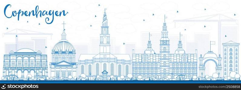 Outline Copenhagen Skyline with Blue Landmarks. Vector Illustration. Business Travel and Tourism Concept with Historic Buildings. Image for Presentation Banner Placard and Web Site.