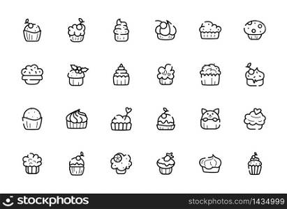 Outline cupcakes icon set - vector isolated symbols or pictograms on white, sweet food or desserts icon suitable for application, web site. Line cakes, muffins or bakery products illustration. Outline cupcakes icon set - vector