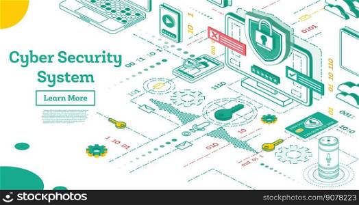 Outline Cyber Security Concept. Isometric Illustration Isolated on White. Data Protection Concept. Credit Card Check and Software Access Data as Confidential. Vector Illustration.