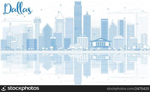 Outline Dallas Skyline with Blue Buildings and Reflections. Vector Illustration. Business Travel and Tourism Concept with Modern Buildings. Image for Presentation Banner Placard and Web Site.