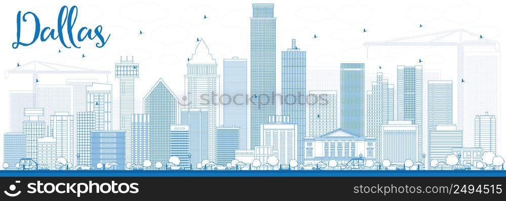 Outline Dallas Skyline with Blue Buildings. Vector Illustration. Business Travel and Tourism Concept with Modern Buildings. Image for Presentation Banner Placard and Web Site.