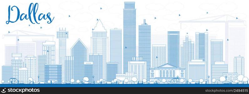 Outline Dallas Skyline with Blue Buildings. Vector Illustration. Business Travel and Tourism Concept with Modern Buildings. Image for Presentation Banner Placard and Web Site.