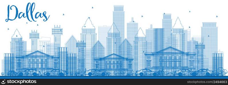 Outline Dallas Skyline with Blue Buildings. Vector Illustration. Business Travel and Tourism Concept with Modern Architecture. Image for Presentation Banner Placard and Web Site.