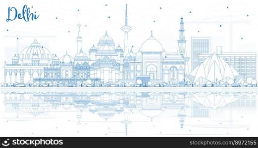 Outline Delhi India City Skyline with Blue Buildings and Reflections. Vector Illustration. Business Travel and Tourism Concept with Historic Architecture. Delhi Cityscape with Landmarks.