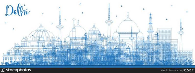 Outline Delhi India City Skyline with Blue Buildings. Vector Illustration. Business Travel and Tourism Concept with Historic Architecture. Delhi Cityscape with Landmarks.