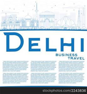 Outline Delhi Skyline with Blue Buildings and Copy Space. Vector Illustration. Business Travel and Tourism Concept with Historic Buildings. Image for Presentation Banner Placard and Web Site.
