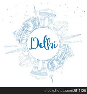 Outline Delhi Skyline with Blue Buildings and Copy Space. Vector Illustration. Business Travel and Tourism Concept with Historic Architecture. Image for Presentation Banner Placard and Web Site.