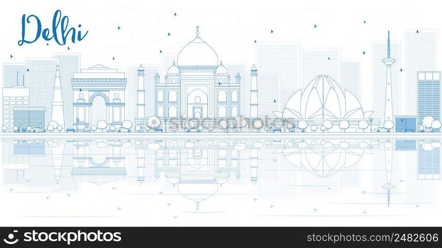 Outline Delhi skyline with blue buildings and reflections. Vector illustration. Business travel and tourism concept with place for text. Image for presentation, banner, placard and web site.