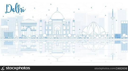 Outline Delhi skyline with blue buildings and reflections. Vector illustration. Business travel and tourism concept with place for text. Image for presentation, banner, placard and web site.