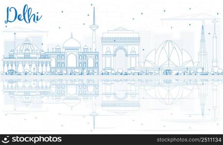 Outline Delhi Skyline with Blue Buildings and Reflections. Vector Illustration. Business Travel and Tourism Concept with Historic Architecture. Image for Presentation Banner Placard and Web Site.