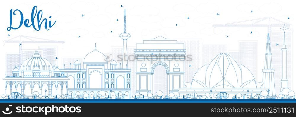 Outline Delhi Skyline with Blue Buildings. Vector Illustration. Business Travel and Tourism Concept with Historic Buildings. Image for Presentation Banner Placard and Web Site.