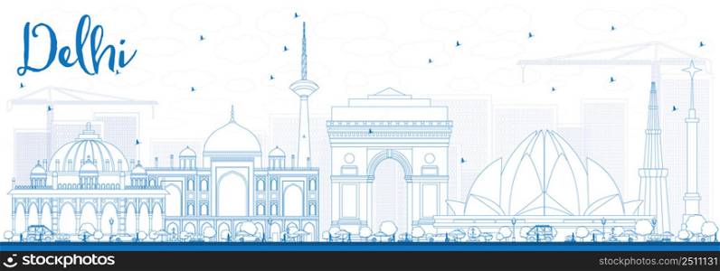 Outline Delhi Skyline with Blue Buildings. Vector Illustration. Business Travel and Tourism Concept with Historic Buildings. Image for Presentation Banner Placard and Web Site.