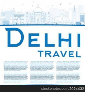 Outline Delhi skyline with blue landmarks and copy space. Business travel and tourism concept with place for text. Image for presentation, banner, placard and web site. Vector illustration.