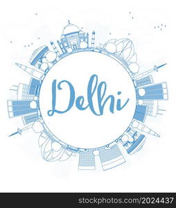 Outline Delhi skyline with blue landmarks and copy space. Business travel and tourism concept with place for text. Image for presentation, banner, placard and web site. Vector illustration.