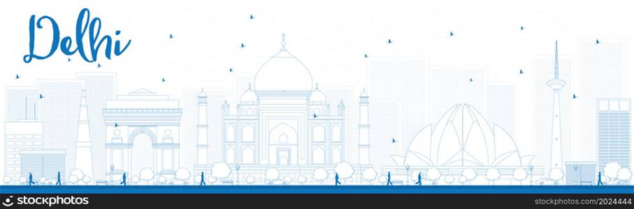 Outline Delhi skyline with blue landmarks. Vector illustration