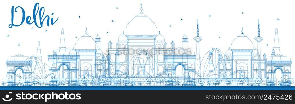 Outline Delhi skyline with blue landmarks. Vector illustration. Business travel and tourism concept with historic buildings. Image for presentation, banner, placard and web site.