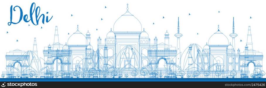 Outline Delhi skyline with blue landmarks. Vector illustration. Business travel and tourism concept with historic buildings. Image for presentation, banner, placard and web site.